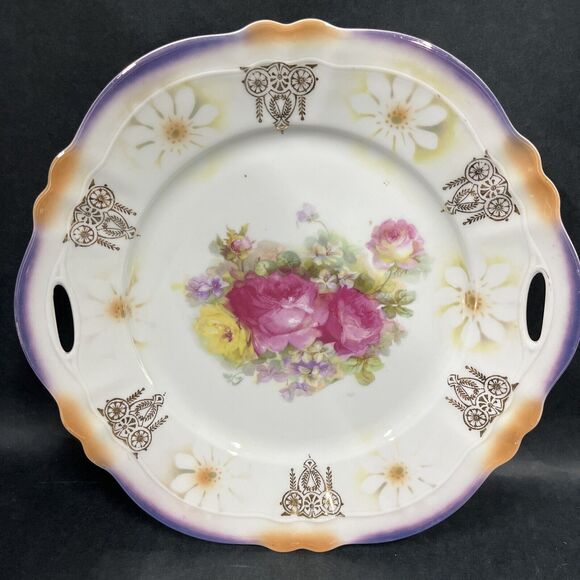 VTG‎ German Porcelain Lusterware Roses Flowers Enclosed Handle Cake Plate 9.75” - Picture 1 of 14